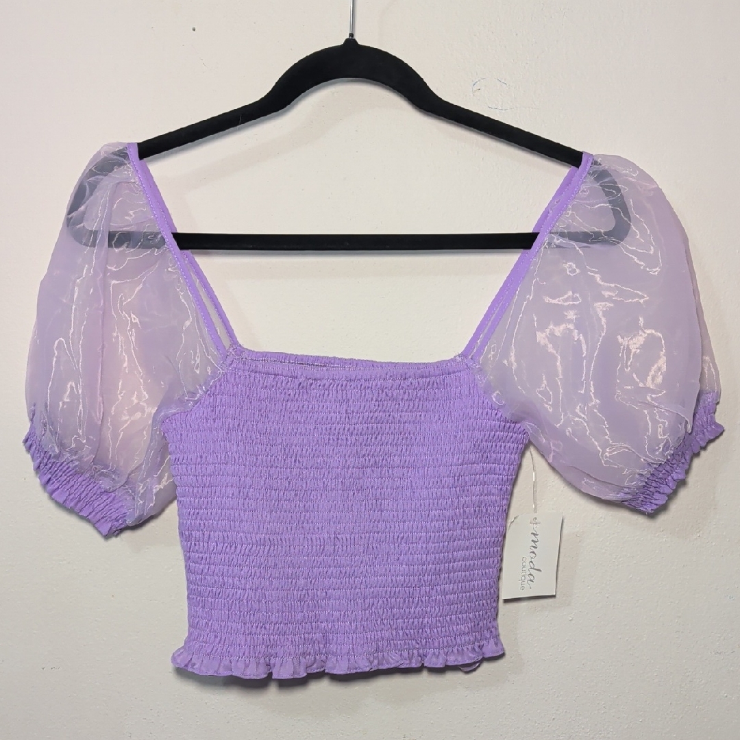 Tcec Smocked Lavender Puff-Sleeve Crop Top Sheer Sleeve Fairy New Women's Size S